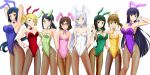  6+girls aila_jyrkiainen animal_ears black_hair blonde_hair blue_eyes blue_hair bowtie brown_eyes brown_hair bunny_tail bunnysuit detached_collar glasses green_eyes green_hair gundam gundam_build_fighters highres iori_rinko kenken kousaka_china long_hair mihoshi_(gundam_bf) misaki_(gundam_bf) multiple_girls necktie ootake_akemi pantyhose purple_hair rabbit_ears samejima_yukari short_hair silver_hair tail very_long_hair violet_eyes wrist_cuffs yajima_caroline 