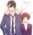  1boy 1girl black_hair brown_eyes brown_hair cigarette e-0057 formal heart kougami_shin&#039;ya necktie psycho-pass short_hair smile suit trench_coat tsunemori_akane 