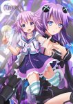  2girls blue_eyes bodysuit braid breasts choujigen_game_neptune d-pad hair_ornament highres kazenokaze long_hair multiple_girls neptune_(choujigen_game_neptune) open_mouth purple_hair purple_heart short_hair smile symbol-shaped_pupils thighhighs twin_braids violet_eyes 