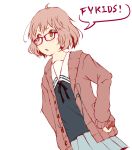  1girl brown_hair cardigan glasses kuriyama_mirai kyoukai_no_kanata red-framed_glasses school_uniform short_hair solo speech_bubble yrsknish 