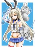  1girl :3 anchor blonde_hair blue_background elbow_gloves gloves grey_eyes hairband kantai_collection long_hair navel open_mouth paki_aki personification rensouhou-chan salute shimakaze_(kantai_collection) skirt striped striped_legwear thighhighs white_gloves 