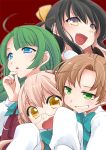 4girls akigumo_(kantai_collection) black_hair blue_eyes blush braid brown_eyes brown_hair fang glasses green_eyes green_hair hair_ornament kantai_collection ko_ru_ri lips long_hair makigumo_(kantai_collection) mole multiple_girls naganami_(kantai_collection) open_mouth personification pink_hair ribbon school_uniform skirt sleeves_past_wrists smile twintails very_long_hair vest yellow_eyes yuugumo_(kantai_collection) 