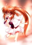  1girl :o ahoge bell bespectacled brown_hair cosplay glasses hair_bell hair_ornament idol little_busters!! long_hair microphone natsume_rin open_mouth ponytail red-framed_glasses red_eyes ribbon seiyuu_connection singing skirt socks tamiyasu_tomoe white_legwear zen 