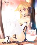  1girl :&gt; animal_ears bare_shoulders blonde_hair blush breasts cat cat_ears choker cleavage elbow_gloves gloves hair_ribbon highres large_breasts original petals red_eyes ribbon ribbon_choker sitting smile solo thighhighs tsukimi_(pixiv) v_arms white_gloves white_legwear 