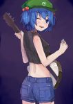  1girl alternate_costume arm_up bare_shoulders blue_eyes blue_hair denim denim_shorts electric_guitar fender from_behind guitar hair_bobbles hair_ornament hat highres instrument kawashiro_nitori looking_at_viewer midriff musical_instrument nattsuhan open_mouth plectrum short_hair short_twintails shorts smile solo standing tank_top touhou twintails whammy_bar wink 