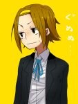  1girl asakura_(tainaka_ritu) brown_eyes brown_hair hairband k-on! school_uniform short_hair solo tainaka_ritsu yellow_background 