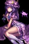  1girl capelet crescent darkness dress hair_ribbon highres long_hair looking_at_viewer mob_cap myero open_clothes open_coat patchouli_knowledge purple_dress purple_hair ribbon sitting solo touhou tress_ribbon violet_eyes 