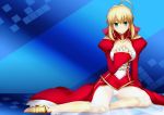  1girl ahoge blonde_hair blue_background breasts cleavage dress fate/extra fate_(series) green_eyes jam_(jam0601) looking_at_viewer panties saber_extra short_hair solo underwear white_panties 