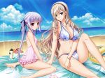  2girls absurdres bangle barefoot beach bikini blue_eyes bracelet breasts casual_one-piece_swimsuit celia_kumani_entory cleavage clouds cross drill_hair floral_print hair_ribbon hairband halterneck highres huge_filesize jewelry komori_kei large_breasts legs long_hair looking_at_viewer multiple_girls nail_polish navel one-piece_swimsuit ribbon risa_eostole shiny shiny_skin sitting sunbeam sunlight swimsuit translation_request twin_drills twintails violet_eyes walkure_romanze wariza 