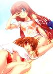  2girls ;p a-chan_senpai bikini blue_eyes brown_hair cat little_busters!! long_hair multiple_girls natsume_rin navel open_mouth ponytail red_eyes smile swimsuit tongue v_over_eye wink zen 