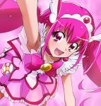 1girl choker cure_happy haruyama_kazunori hoshizora_miyuki long_hair looking_at_viewer magical_girl open_mouth pink_background pink_eyes pink_hair precure skirt smile_precure! solo tiara twintails 