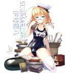  1girl adjusting_glasses ahoge aqua_eyes blonde_hair book coffee_cat glasses hair_ribbon hat i-8_(kantai_collection) kantai_collection long_hair looking_at_viewer one-piece_swimsuit personification ribbon school_swimsuit sitting smile solo swimsuit thighhighs torpedo twintails weapon white_legwear 