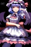  1girl ascot asymmetrical_clothes bat_wings blue_hair darkness dress hat hat_ribbon highres juliet_sleeves long_sleeves looking_at_viewer mob_cap myero puffy_sleeves red_eyes remilia_scarlet ribbon shaded_face short_sleeves signature smile solo touhou white_dress wings 
