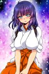  1girl ahoge blue_eyes blush breasts highres japanese_clothes jinguu_shion large_breasts looking_at_viewer natsu_hotaru original purple_hair short_hair solo 