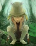 1girl blonde_hair forest hands_on_own_cheeks hands_on_own_face hat kneehighs long_sleeves looking_at_viewer moriya_suwako nature no_shoes realistic short_hair smile solo squatting thighhighs touhou tree tsutsu_uraura yellow_eyes 