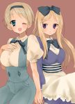  2girls annoyed apron aqua_eyes axis_powers_hetalia bangs belarus_(hetalia) blonde_hair blush bow breasts brown_background buttons collarbone hair_bow hair_ornament hairband hands_on_own_chest haru_(razuberii) holding_hands juliet_sleeves large_bow large_breasts long_hair long_sleeves looking_at_viewer multiple_girls open_mouth pants payot puffy_sleeves ribbon simple_background suspenders tears ukraine_(hetalia) violet_eyes wink 