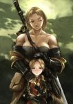  1boy 1girl arisen_(dragon&#039;s_dogma) armor bare_shoulders blonde_hair breasts chovie collarbone commentary_request corset dragon&#039;s_dogma elbow_gloves gauntlets gloves height_difference highres huge_weapon large_breasts one-eyed over_shoulder patting_head pawn_(dragon&#039;s_dogma) planted_sword planted_weapon scar short_hair smile sword sword_over_shoulder violet_eyes weapon weapon_over_shoulder yellow_eyes 