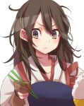  1girl akagi_(kantai_collection) blush brown_eyes brown_hair eating food food_on_face japanese_clothes kantai_collection long_hair muneate personification rice_bowl rice_on_face single_glove soratoa yugake 