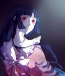  1girl bangs black_hair blunt_bangs bowtie hime_cut houraisan_kaguya looking_up moonlight night parted_lips red_eyes solo tian_(my_dear) touhou 