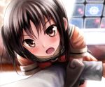  1girl blush brown_eyes brown_hair elbow_gloves gloves kantai_collection looking_at_viewer misoinu open_mouth personification pov school_uniform sendai_(kantai_collection) serafuku short_hair twintails 