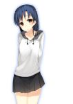  1girl 7zu7 arms_behind_back blue_hair blush idolmaster kisaragi_chihaya looking_at_viewer simple_background skirt solo white_background 