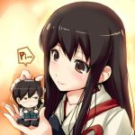  2girls akagi_(kantai_collection) alarm_clock black_legwear blush brown_eyes brown_hair chibi clock hi-ho- japanese_clothes kaga_(kantai_collection) kantai_collection long_hair multiple_girls muneate personification shiny shiny_hair side_ponytail smile thigh-highs 