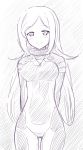  1girl aila_jyrkiainen arms_behind_back blush bodysuit gundam gundam_build_fighters jewelry kayama_kenji long_hair monochrome necklace sketch smile solo 