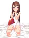 1girl bangs bare_shoulders barefoot bed_sheet blush brown_hair covering embarrassed foreshortening full-face_blush gift highres long_hair nude original outstretched_hand sitting solo sweat swept_bangs utako623 valentine violet_eyes 