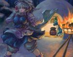  2girls blue_hair breasts cape cellphone cirno cooking dress fire hat highres large_breasts letty_whiterock multiple_girls night phone pot raised_hand short_hair silver_hair sitting snow snowing standing syuraime_0 torch touhou 