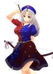  1girl arrow bow_(weapon) breasts brown_eyes hat highres large_breasts long_hair looking_at_viewer nurse_cap short_sleeves silver_hair simple_background skirt smile solo touhou weapon white_background x&amp;x&amp;x yagokoro_eirin 