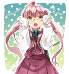  1girl ahoge bag dated double_bun glasses kantai_collection long_dress makigumo_(kantai_collection) oversized_clothes pink_hair semi-rimless_glasses shiyun translation_request twintails under-rim_glasses yellow_eyes 