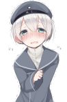  1girl beret blue_eyes blush clothes_writing hat kantai_collection looking_at_viewer nekoume open_mouth sailor_dress sailor_hat short_hair silver_hair solo tears trench_coat wavy_mouth z1_leberecht_maass_(kantai_collection) 