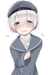  1girl beret blue_eyes blush clothes_writing hat kantai_collection looking_at_viewer nekoume open_mouth sailor_dress sailor_hat short_hair silver_hair solo tears trench_coat wavy_mouth z1_leberecht_maass_(kantai_collection) 