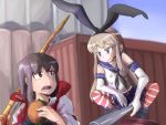  2girls akagi_(kantai_collection) baseball_bat black_hair blonde_hair bow_(weapon) brown_hair crossover food hamburger kantai_collection long_hair multiple_girls open_mouth parody red_eyes shimakaze_(kantai_collection) skirt smile team_fortress_2 thighhighs weapon zassou_maruko 