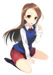  1girl 7zu7 :p brown_eyes brown_hair idolmaster long_hair looking_at_viewer minase_iori simple_background sitting skirt smile solo tongue white_background 