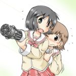  2girls aiming aioi_yuuko android arm_cannon black_eyes black_hair blush bowtie brown_eyes brown_hair crosshair gaketsu gatling_gun gun mecha multiple_girls nichijou no_nose open_mouth red_skirt school_uniform science_fiction shinonome_nano short_hair skirt weapon winding winding_key 