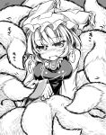  1girl breasts fang fluffy fox_tail hat highres monochrome multiple_tails mumumu solo tail touhou yakumo_ran 