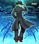  blazblue blazblue_phase_0 crest fingerless_gloves formal from_behind gloves green_hair hat_tip highres long_coat pants short_hair suit tsukikanade yellow_eyes 