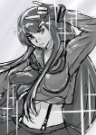  1girl \m/ breasts eyebrows fingerless_gloves gloves kill_la_kill kiryuuin_satsuki long_hair macross macross_frontier midriff monochrome navel parody school_uniform seikan_hikou senketsu serafuku single_glove spoilers suspenders thick_eyebrows wo_jianqiang_fu_guo 