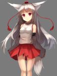  1girl alternate_hair_length alternate_hairstyle animal_ears bow detached_sleeves grey_background hat highres inubashiri_momiji long_hair looking_at_viewer pleated_skirt pom_pom_(clothes) red_eyes red_skirt shone silver_hair simple_background skirt smile solo tail tokin_hat touhou wolf_ears wolf_tail 