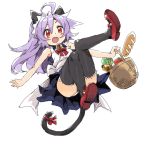  1girl ahoge angelo_(gomahangetsu) animal_ears apron basket black_legwear blush bread cat_ears cat_tail character_request flats food knees_together_feet_apart lavender_hair open_mouth red_eyes ribbon skirt solo tail tail_ribbon thighhighs 