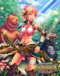  anbe_yoshirou atalante_(shinma_x_keishou!_ragnabreak) bandages bear boots bow_(weapon) breasts cleavage deer flower green_eyes leaf lion midriff navel pink_hair rabbit shinma_x_keishou!_ragnabreak short_hair tree weapon 