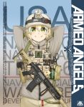  1girl aor1_(camo) blonde_hair eotech green_eyes helmet hk416 jacket load_bearing_vest radio smile smoke_grenade suppressor 