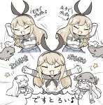  /\/\/\ 3girls airfield_hime ascot blonde_hair blush blush_stickers closed_eyes gloves hair_ornament i-class_destroyer kantai_collection multiple_girls musical_note open_mouth ro-class_destroyer shimakaze_(kantai_collection) shinkaisei-kan spoken_musical_note translation_request white_background white_gloves wo-class_aircraft_carrier x_x yuasan 