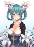  1girl aqua_hair blue_eyes blush braid breasts character_request cleavage embarrassed flower hair_ornament hair_rings looking_at_viewer shinrabanshou solo tatsuyoshi twin_braids 