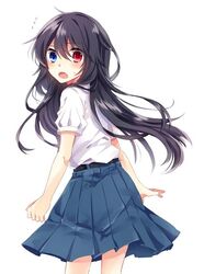  1boy bellezza_felutia black_hair blue_eyes felutiahime heterochromia long_hair male original red_eyes sandals shirt shoes skirt solo student trap uniform 