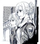  2girls annie_leonhardt hitch_(shingeki_no_kyojin) jacket monochrome multiple_girls nobita shingeki_no_kyojin traditional_media uniform 