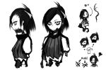  1girl amputee bangs black_hair deel_(rkeg) hand_on_hip highres monochrome monster_girl parted_bangs pixiv_fantasia single_elbow_glove sleeveless solo spine zombie 
