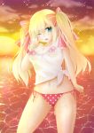  1girl absurdres bikini blonde_hair blue_eyes breasts cleavage d; front-tie_bikini highres miko_92 open_mouth polka_dot polka_dot_bikini polka_dot_swimsuit see-through side-tie_bikini sunset swimsuit twintails wet wet_clothes wet_shirt wink 