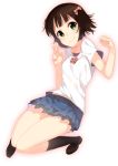  1girl 7zu7 brown_hair character_request green_eyes idolmaster short_hair simple_background skirt smile solo v white_background 